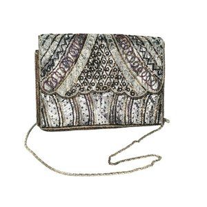 Vintage Ladies Silver Beaded Sequin Evening Bag Clutch Purse